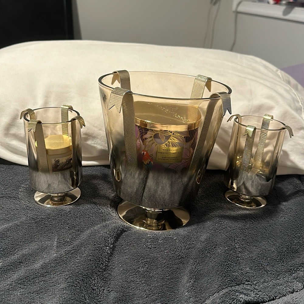 Bath&Body Works gold set of (3) glass candle holder luminaries